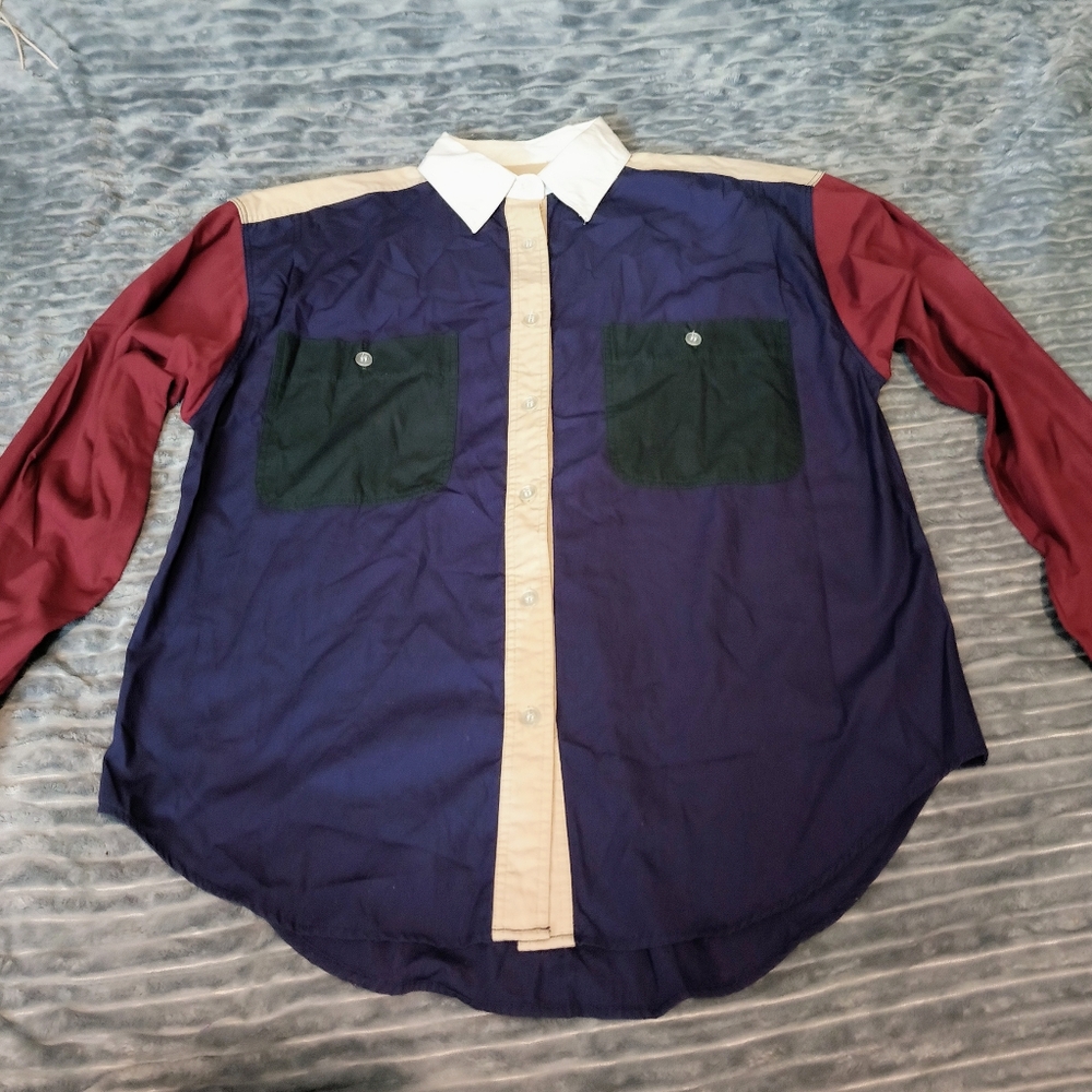 Vtg Color Block Button Up Shirt Pit 2 Pit 22" EUC Long Sleeve 90s Streetwear